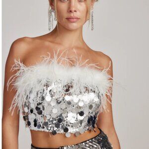 12th Tribe Sella Silver Sequin & Feather Trim Tube Top